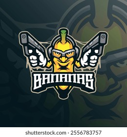 Banana mascot logo design vector with modern illustration concept style for badge, emblem and t shirt printing. Banana shooter illustration.