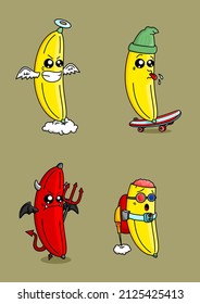 banana mascot vector set with four types of poses and expressions