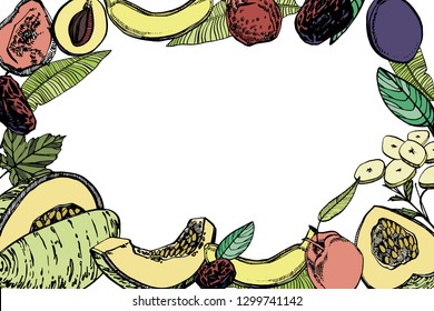 Banana, Melon and Peaches sketch illustrations. Vector Hand drawn illustrations isolated on white background.