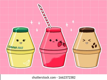 Banana milk bottle, strawberry and coffee flavors. Popular korean drink, kawaii aesthetic. Set of three beverages. Vector stickers design