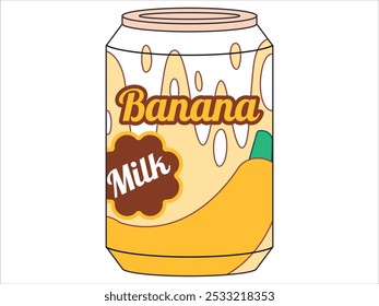 Leche de plátano lata de bebida con sabor a leche afrutada lata de color amarillo embalaje de aluminio paquete de envase sabroso diseño de producto saludable ilustración plana