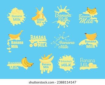 Banana milk emblem with tropical fruit and yellow liquid splash vegan dietary drink set vector illustration. Tasty cocktail shake vitamin natural beverage fresh juice sweet product label promo sticker