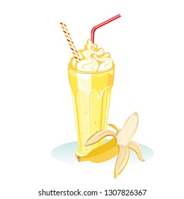 Banana milk shake in glass with straw isolated on white background. Vector illustration of refreshing cocktail with fresh fruit in cartoon simple flat style.