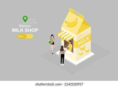 Banana milk shop with customers two girl and seller. Present on decoration shop outdoor concept. 3d isometric banner vector illustration.