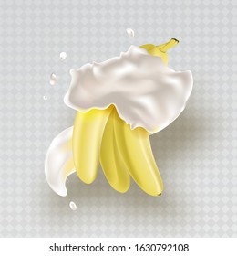 Banana and milk splash. Fruit and yogurt. Realistic illustration. 3d vector icon