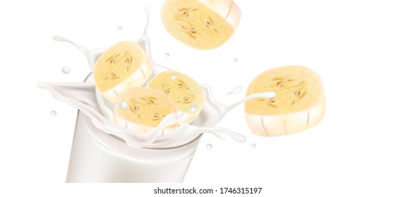 Banana with milk splash isolated on white background. Season sweet of tropical fruits. 3d realistic vector. Food concept design.