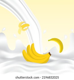 Banana milk splash with white splashing liquid. Pouring banana milk on yellow background. Fruit drink and organic dairy free vegan milk. Creative design vector illustration with empty space. 