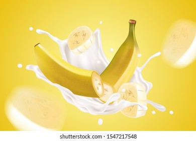 Banana with Milk splashing flavor tasty in the middle isolated on solid color background. Vector realistic in 3d illustration. Food concept.