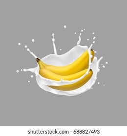 Banana and milk splash,vector 3d icon. Realistic vector illustration