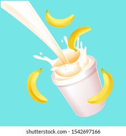 banana milk and yogurt splash pouring in a cup glass isolated on blue background
