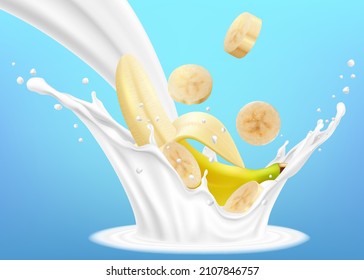Banana with milk or yogurt splashes and drops. Realistic 3d vector illustration, isolated on blue background. Ready to use for your design.