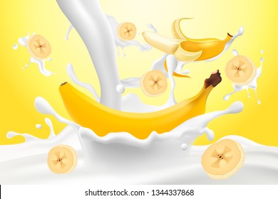 Banana with milk or yogurt splashes. Vector illustration. 