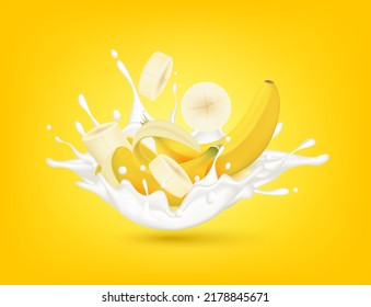 Banana milk yogurt splashing isolated on yellow background. Health concept. Realistic 3d vector illustration. Can used for product design advertising beverage and food products.