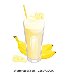 Banana milkshake decorated with banana slices and whipped cream.Vector illustration.