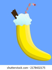 banana milkshake vector with unique flat design on blue background