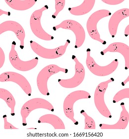 Banana Modern creative seamless pattern. Funny pink characters with happy faces. Vector cartoon illustration in simple hand drawn scandinavian style. Ideal for printing baby products.