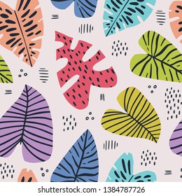 Banana and monstera leaves hand drawn seamless pattern. Tropical, exotic plant drawing. Backdrop with houseplants. Multicolor stylized leaves. Botanical wrapping paper, textile, background flat design