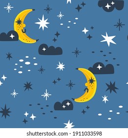 Banana moon Fruity planet Celestial fruit seamless vector pattern. Sweet dreams childish background for textile apparel design print