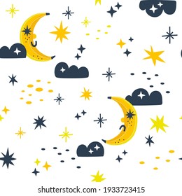 Banana moon Fruity planet Celestial fruit seamless vector pattern. Sweet dreams childish background for textile apparel design print