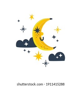 Banana moon vector illustration isolated on white. Celestial fruity planet baby print. Sweet dreams Scandinavian nursery art