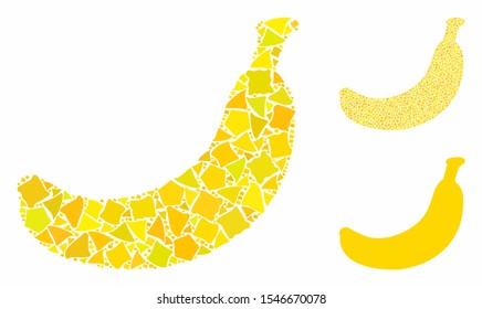 Banana mosaic of tremulant parts in variable sizes and color tones, based on banana icon. Vector tremulant parts are composed into collage. Banana icons collage with dotted pattern.