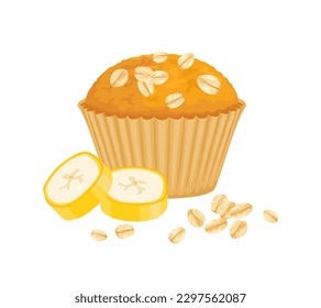 Banana muffin with oat isolated on white background. Vector cartoon illustration of healthy food.