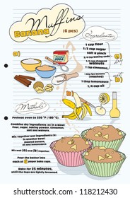 Banana muffin recipe with pictures of ingredients - retro, vector