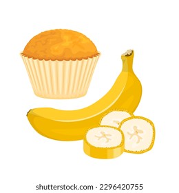 Banana muffin. Vector cartoon illustration of fresh cupcake and banana.