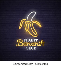 Banana Neon Sign, Bright Signboard, Light Banner. Night Club Logo, Emblem. 