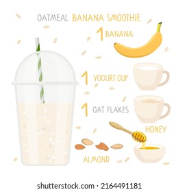 Banana oatmeal smoothie recipe. Plastic smoothie cup with straw and ingredients with inscriptions. Cup of yogurt, oat flakes, banana, honey, almont. For menu. Organic raw shake recipe, healthy food