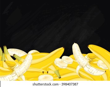 Banana on chalkboard background. Banana composition, plants and leaves. Organic food. Summer fruit. Fruit background for packaging design.