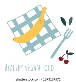Banana en una servilleta y cereza. Imagen vectorial de una vista superior.Comida vegana saludable