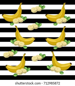 Banana on striped background Vector exotic pattern illustrations