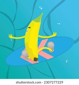 A banana on a surfboard with a cute face.