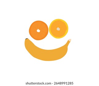 A banana and orange food icon set features vector illustrations of fresh fruits like whole bananas, peeled bananas, orange slices,juice glasses,citrus leaves.Ideal for health food branding, nutrition.