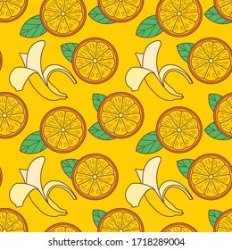 Banana and Orange fruit seamless pattern. Flat style vector illustration.
