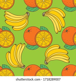 Banana and Orange fruit seamless pattern. Flat style vector illustration.
