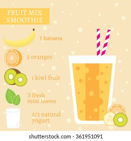 Banana, orange and kiwi fruit smoothie recipe. Menu element for cafe or restaurant with energetic fresh drink made in flat style. For healthy life. Organic raw shake. Vector illustration