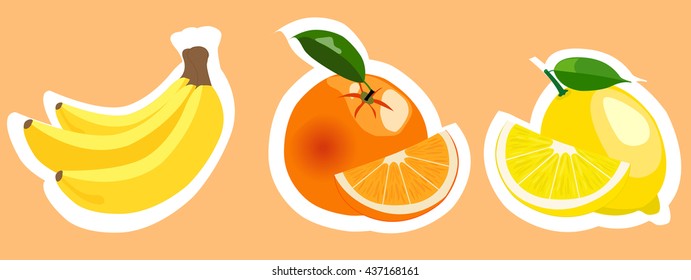 Banana orange and lemon stickers on orange background. Vector illustration.