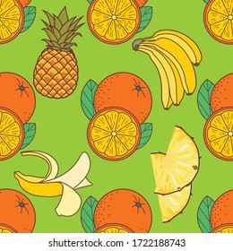 Banana, Orange and Pineapple seamless pattern. Flat style vector illustration.