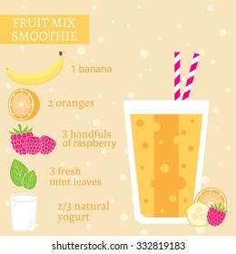 Banana, orange and raspberry smoothie recipe. Menu element for cafe or restaurant with energetic fresh drink made in flat style. For healthy life. Organic raw shake. Vector illustration