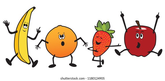 A banana, orange, strawberry and apple are dancing
