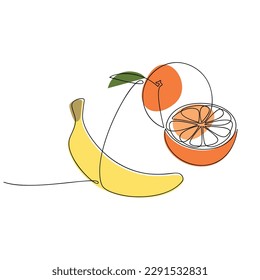Banana and orange vector. One line continuous hand drawn illustration. Minimal linear silhouette. Citrus fruit icon. Graphic design, print, banner, card, poster, brochure, logo, menu, sign, symbol.