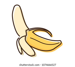 Banana outline illustration with watercolor effect. Vector doodle sketch hand drawn fruit illustration