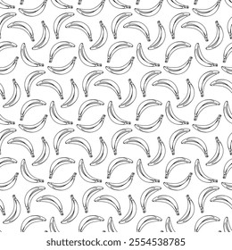 Banana outline seamless pattern on white background. Wrapping paper, gift card, poster, banner design. Home decor, modern textile print. Summer bright geometric fruits patterned.