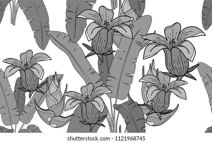 Banana palm leaves and exotic flowers composition. Vector illustration. Botanical seamless background. Digital nature art.