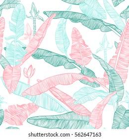 Banana palm leaves, flowers and branches. Decorative seamless vector botanical pattern isolated on white background.