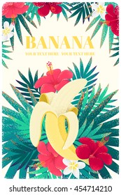 Banana with palm leaves, frangipani (plumeria) and hibiscus flowers vertical template. Retro vector illustration. Place for your text. Design for invitation, card, poster, banner, flyer