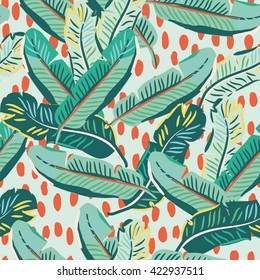 Banana Palm Leaves On The Light Background With Orange Spots. Vector Seamless Pattern With Tropical Plant.