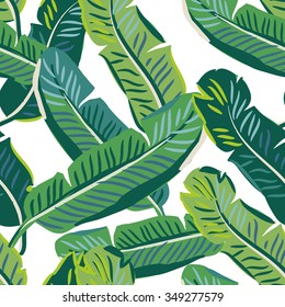 Banana Palm Leaves On The White Background. Vector Seamless Pattern With Tropical Plant.